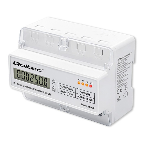 Trójfazowy elektroniczny licznik | miernik zużycia energii na szynę DIN | 400V | 100A | LCD | LED | 7P 