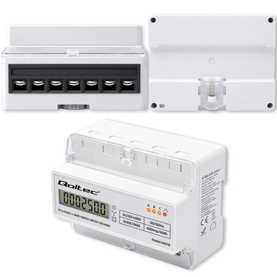 Trójfazowy elektroniczny licznik | miernik zużycia energii na szynę DIN | 400V | 100A | LCD | LED | 7P 