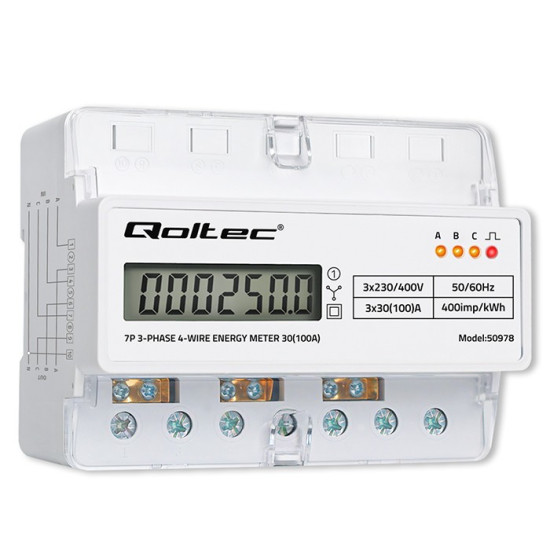 Trójfazowy elektroniczny licznik | miernik zużycia energii na szynę DIN | 400V | 100A | LCD | LED | 7P 