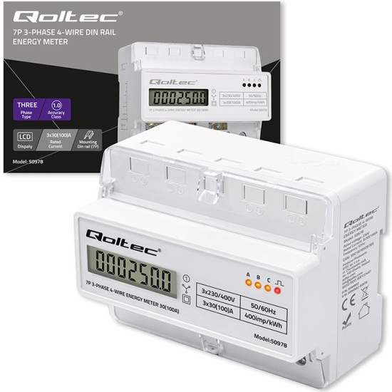 Trójfazowy elektroniczny licznik | miernik zużycia energii na szynę DIN | 400V | 100A | LCD | LED | 7P 