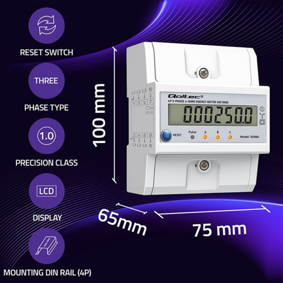 Trójfazowy elektroniczny licznik z resetem | miernik zużycia energii na szynę DIN | 400V | 100A | LCD | LED | 4P 