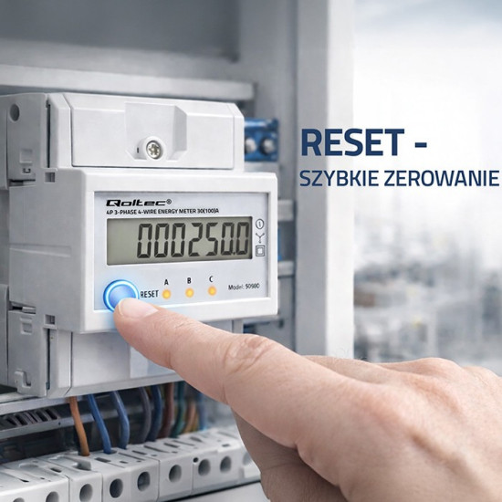 Trójfazowy elektroniczny licznik z resetem | miernik zużycia energii na szynę DIN | 400V | 100A | LCD | LED | 4P 