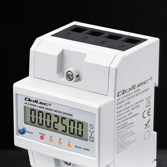 Trójfazowy elektroniczny licznik z resetem | miernik zużycia energii na szynę DIN | 400V | 100A | LCD | LED | 4P 