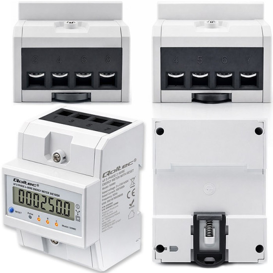 Trójfazowy elektroniczny licznik z resetem | miernik zużycia energii na szynę DIN | 400V | 100A | LCD | LED | 4P 