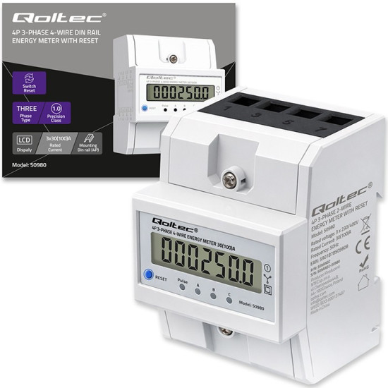Trójfazowy elektroniczny licznik z resetem | miernik zużycia energii na szynę DIN | 400V | 100A | LCD | LED | 4P 
