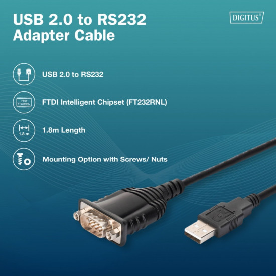 Kabel adapter USB 2.0 - DB9 RS232 M/Ż, chipset FTDI (FT232RNL), PVC, czarny, 1.8 m