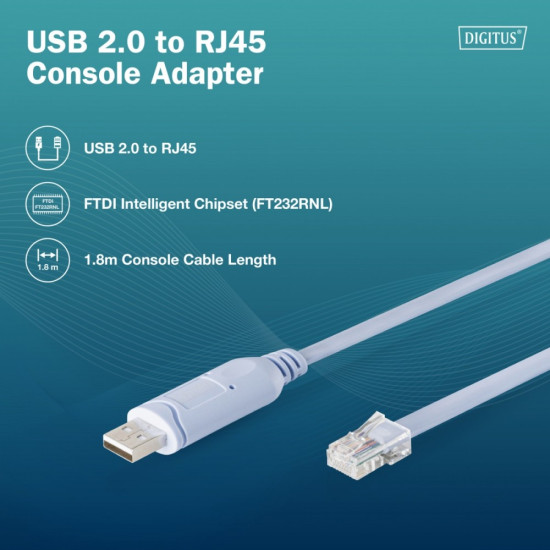 Kabel adapter do konsoli USB-A 2.0 męski do RJ45 | Chipset FTDI (FT232RNL) | jasnoniebieski | 1.8m