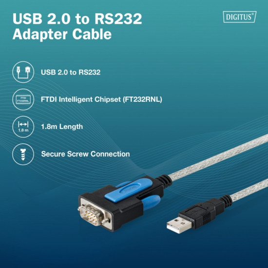 Kabel adapter USB 2.0 do RS232 (DB9) | Chipset FTDI (FT232RNL) | PVC, transparentny | Mocowanie na śruby | 1.8m