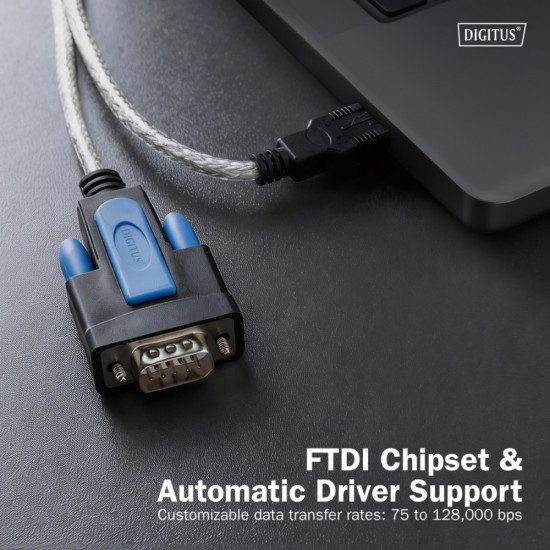Kabel adapter USB 2.0 do RS232 (DB9) | Chipset FTDI (FT232RNL) | PVC, transparentny | Mocowanie na śruby | 1.8m