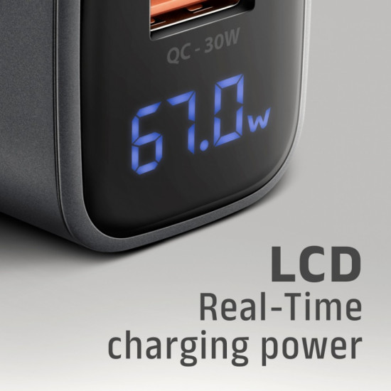 Ładowarka sieciowa ACU-PQ67D PD&QC 67W 2-port GaN, Ekran LED, USB-A  + USB-C