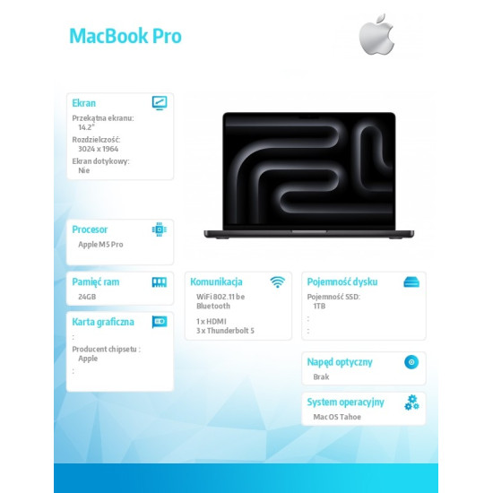 MacBook Pro 14.2 cala: M5 Pro 15/16, 24GB, 1TB SSD, bez zasilacza - Gwiezdna czerń