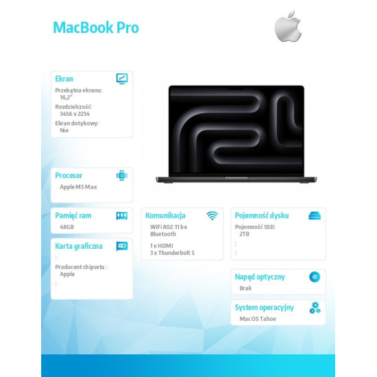 MacBook Pro 16.2 cala: M5 Max 18/40, 48GB, 2TB SSD, bez zasilacza - Gwiezdna czerń
