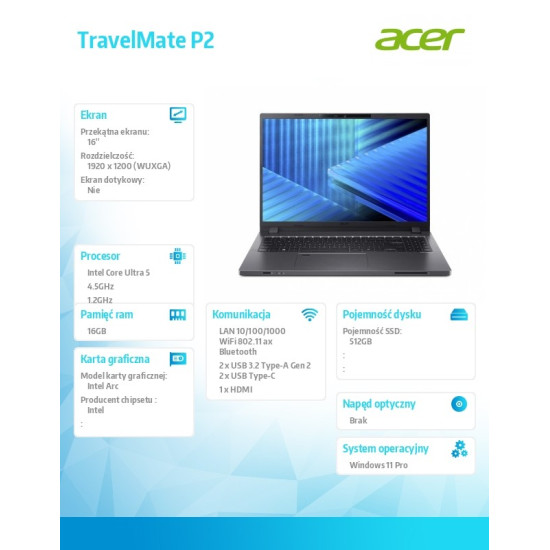 Notebook TravelMate P2 TMP216-71-G3-TCO Ultra 5 125H 16GB/512GB/W11Pro