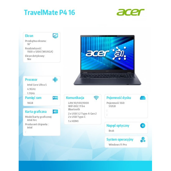 Notebook TravelMate P4 16  TMP416-74-TCO Ultra 5 225H 16GB/512GB/W11Pro