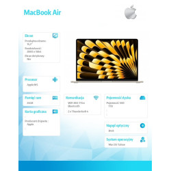 MacBook Air 15.3 cala: M5 10/10, 24GB, 1TB SSD, bez zasilacza - Księżycowa poświata