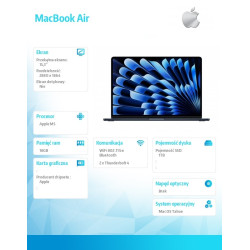 MacBook Air 15.3 cala: M5 10/10, 16GB, 1TB SSD, bez zasilacza - Północ