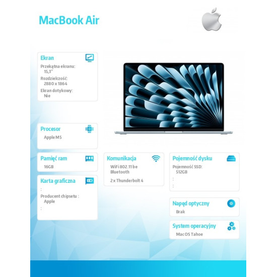 MacBook Air 15.3 cala: M5 10/10, 16GB, 512GB SSD, bez zasilacza - Błękitny