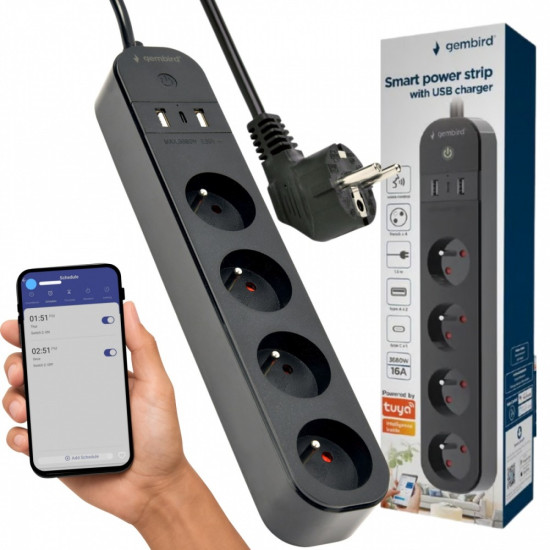 Inteligentna listwa zasilająca Tuya 4xFR 2xUSB-A 1xUSB-C Czarna 