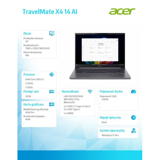 Notebook TravelMate X4 14 AI TMX414-51-TCO Ultra 5 226V 32GB/512GB/W11PRO