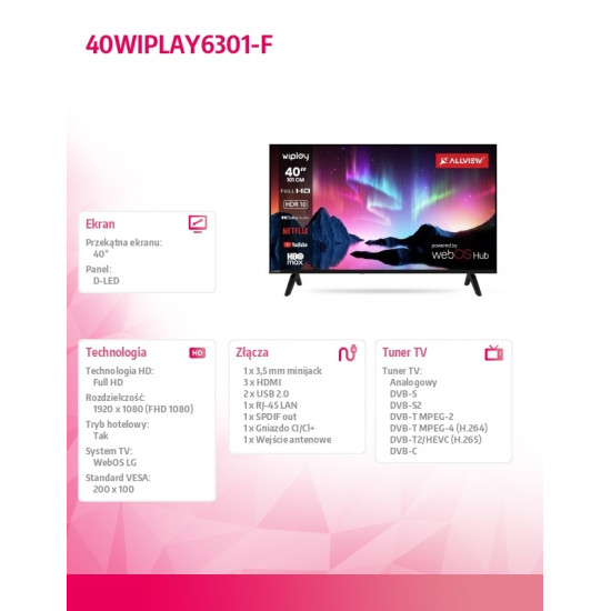 Telewizor LED 40 cali 40WIPLAY6301-F