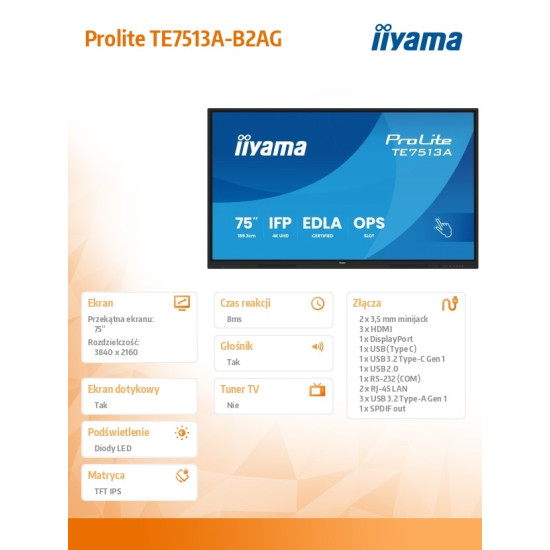 Monitor interaktywny 75 cali TE7513A-B2AG INFRARED,40pkt,IPS,4K,7H,500cd/m2,      WiFi,USB, ANDROID 14, Google EDLA,2x20W, UCHWYT ŚCIENNY 