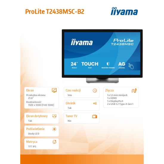 Monitor 24 cale T2438MSC-B2 IPS,FHD,DP,HDMI,2x2W,2xUSB,600(cd/m2),   10pkt.7H,IP1X(FRONT),PION/POZIOM 