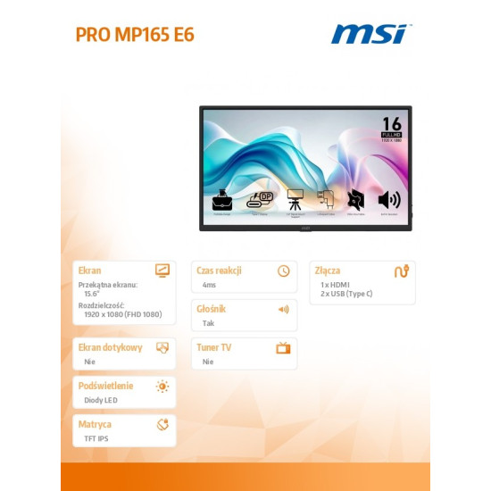 Monitor 15.6 cala PRO MP165 E6 LED/FHD/Flat/60Hz/czarny