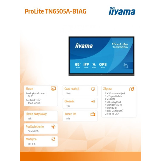 Monitor 65 cali TN6505A-B1AG IPS,4K,40pkt,500cd,nonOS,1200:1,5ms,    DeepContrast-IR+, 1xVGA,2xHDMI,DP,USB-C(PD65W),2xRJ45,2x20W,PiP,PbP,UCHWYT ŚCIENN