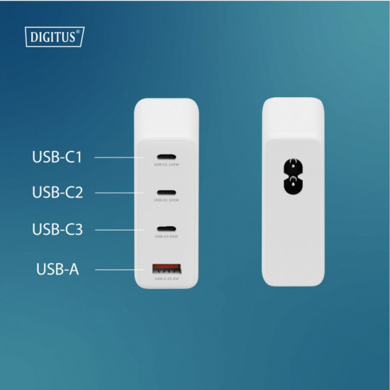 Ładowarka sieciowa/zasilacz USB GaN 140W, 3x USB-C, 1x USB-A, Biała