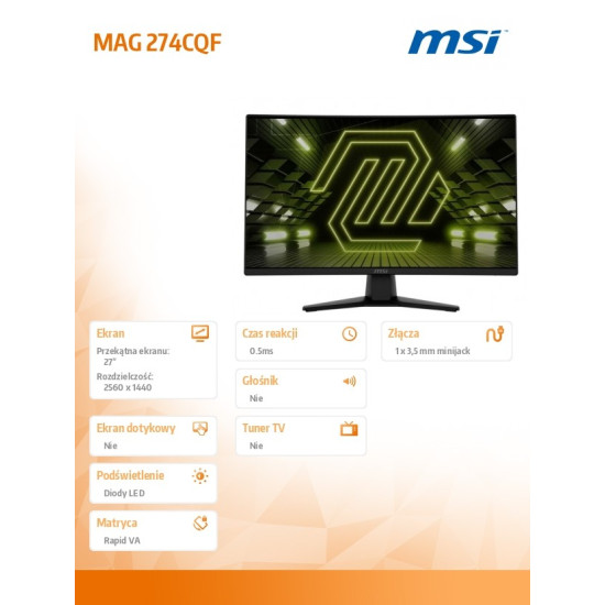Monitor MAG 274CQF     27 cali/LED/WQHD/Zakrzywiony/180Hz/Czarny
