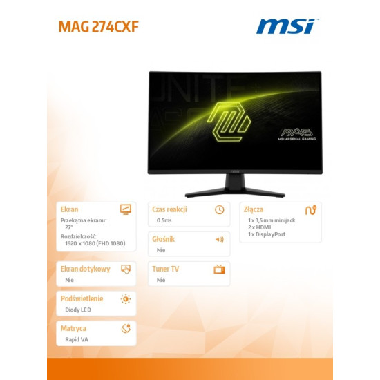 Monitor MAG 274CXF     27 cali LED/FHD/Zakrzywiony/280Hz/Czarny