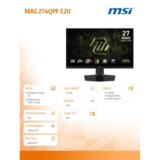 Monitor MAG 274QPF E20 27 cali/LED/WQHD/FLAT/200Hz/Czarny