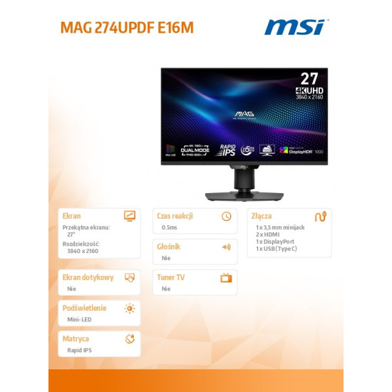 Monitor MAG 274UPDF E16M 27 cali/LED/FHD/FLAT/160Hz/Czarny