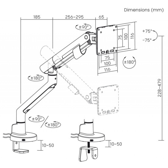 Uchwyt biurkowy gazowy do 1 monitora LED/LCD 17-35
