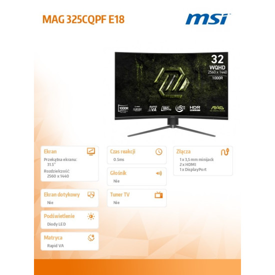 Monitor MAG 325CQPF E18 31.5/LED/WQHD/LED/Zakrzywiony/180Hz/Czarny
