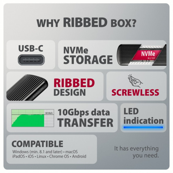 EEM2-SC Obudowa zewnętrzna aluminiowa bezśrubowa USB-C 3.2 Gen 2 10Gbps - M.2 NVMe SSD, długość 30 do 80 mm szary