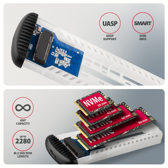 EEM2-SC Obudowa zewnętrzna aluminiowa bezśrubowa USB-C 3.2 Gen 2 10Gbps - M.2 NVMe SSD, długość 30 do 80 mm szary