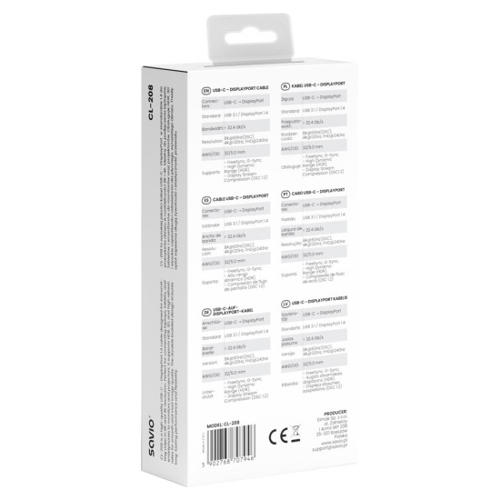 Kabel USB-C do Display Port 8K 60Hz, 2m CL-208