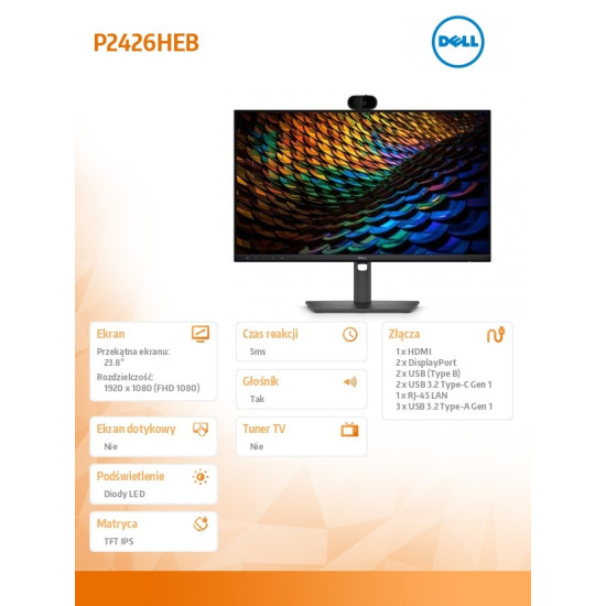 Monitor P2426HEB 23.8 cala IPS FHD (1920x1080)/16:9/HDMI/2xDP/5xUSB/2xUSB-C/RJ45/Camera/Głośniki/3Y