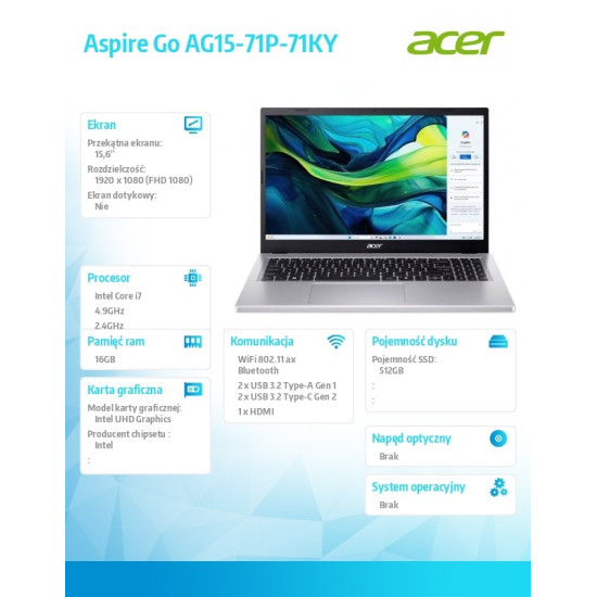 Laptop Aspire Go AG15-71P-71KY I7-13620H 15,6 FHD 16GB 512GBNoOS Silver 