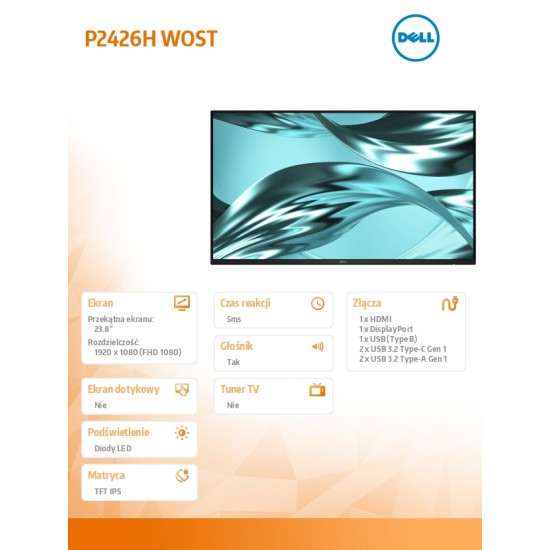 Monitor P2426H WOST 23.8 cala IPS FHD (1920x1080)/16:9/HDMI/DP/3xUSB/2xUSB-C/No Stand/3Y