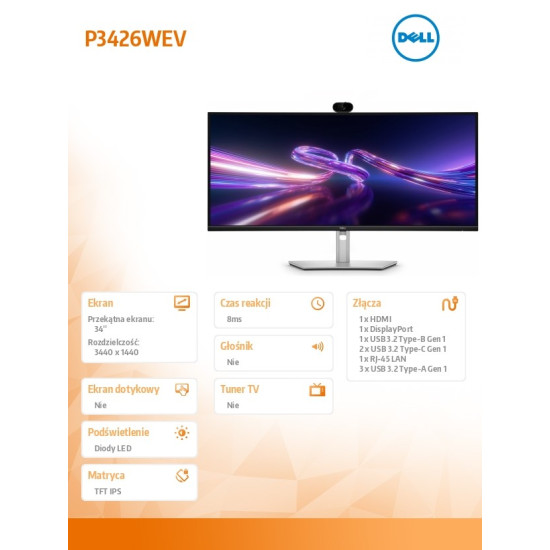 Monitor P3426WEV 34 cale IPS Curved WQHD (3440x1440)/21:9/HDMI/DP/4xUSB/2xUSB-C/RJ45/Camera/3Y 