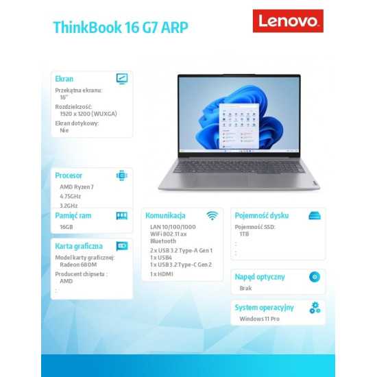Laptop ThinkBook 16 G7 21MW000UPB W11Pro 7735HS/16GB/1TB/AMD Radeon/16.0 WUXGA/Arctic Grey/3YRS OS + CO2 Offset 