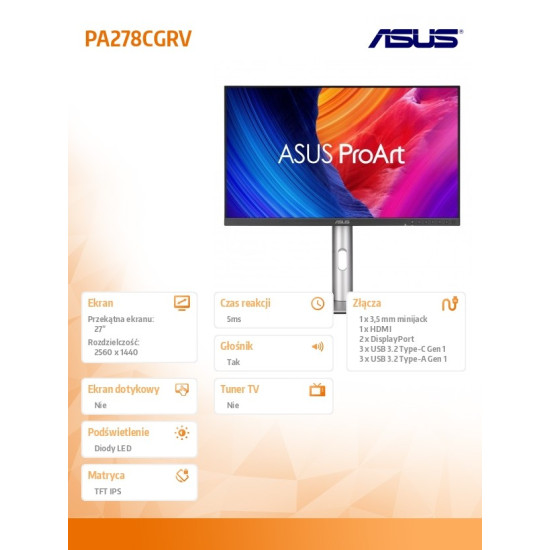 Monitor 27 cali PA278CGRV BK 2DP, HDMI, USB HUB, USB, głośniki