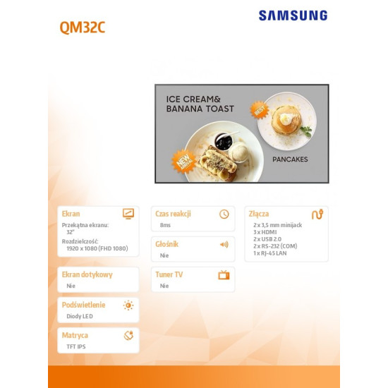 Monitor profesjonalny QM32C 32 cale Błyszcząca/IPS 24h/7 400(cd/m2) 1920x1080 (FHD) S10 Player (Tizen 7, VXT Ready) Wi-Fi/BT 3 lata d2d
