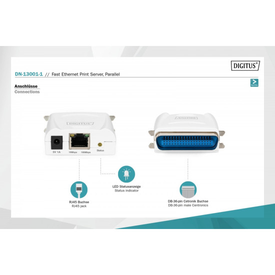 Serwer wydruku Fast Ethernet 1-port 1xLPT, 1xRJ-45