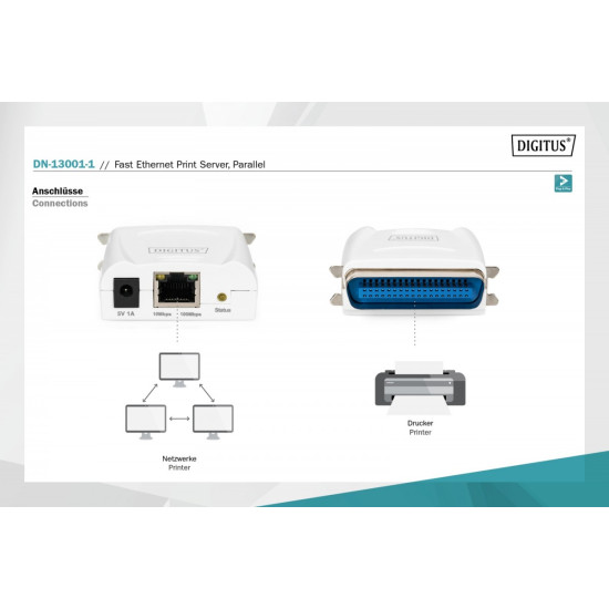 Serwer wydruku Fast Ethernet 1-port 1xLPT, 1xRJ-45