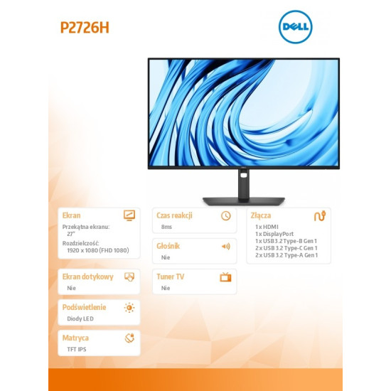 Monitor P2726H 27 cali IPS FHD (1920x1080)/16:9/HDMI/DP/3xUSB/2xUSB-C/3Y 