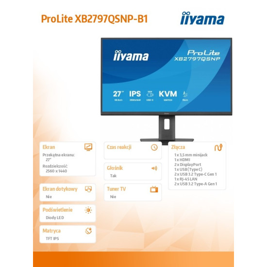 Monitor  27 cali XB2797QSNP-B1 IPS,QHD,USB-c Dock 96W,HDMI, 350cd,1ms, DP, DisplayPort x1 (Daisy Chain MST max. 2560 x1440), USB HUB x4, RJ45
