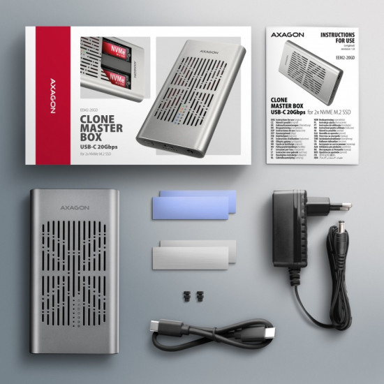 EEM2-20GD Obudowa zewnętrzna aluminiowa USB-C 3.2 Gen2x2, Dual NVMe M.2 SSD 20gbps, Clone Master